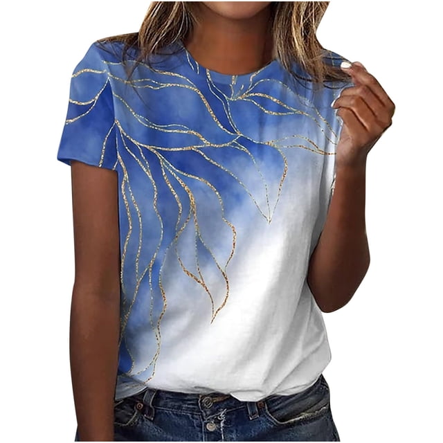 Hauts Tuniques pour Femmes Coupe Ample Chic Col Rond Manches Courtes Pli Régulier Blouse Imprimée T-shirt Hauts d'Été pour Femmes