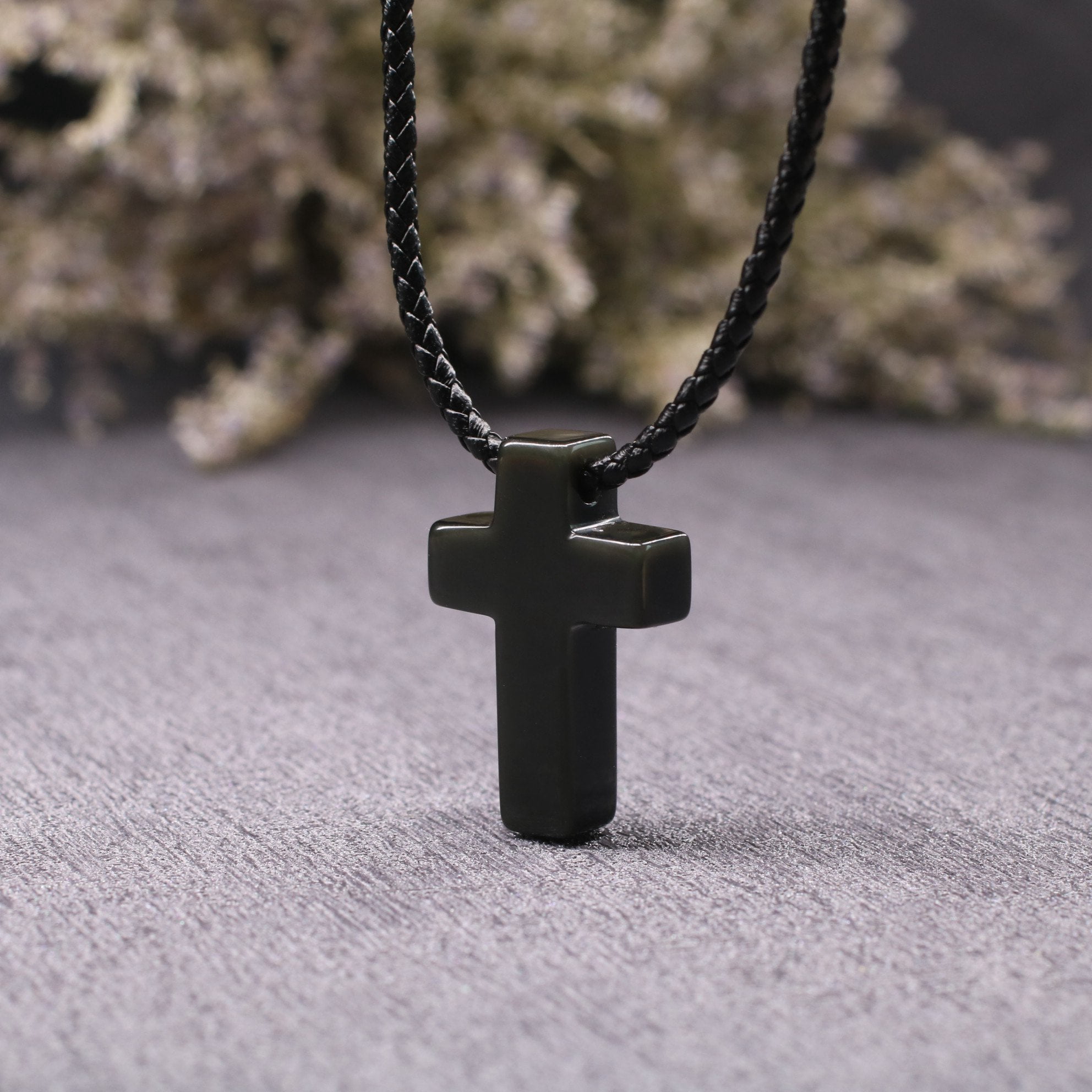 COAI Leather Cord Religious Jewelry Black Obsidian Stone Cross Pendant Necklace