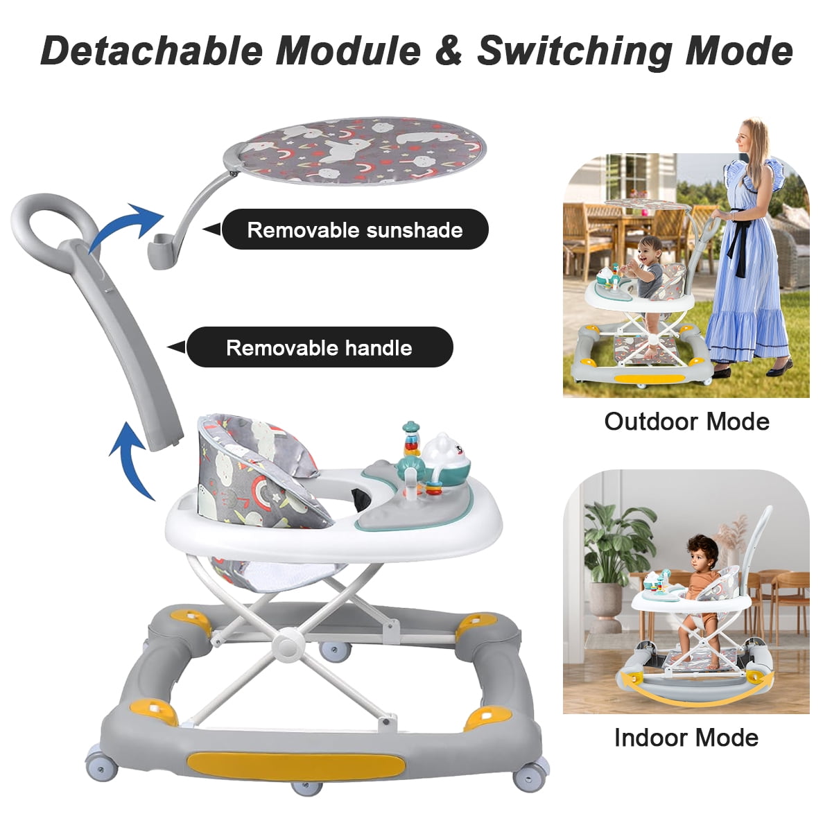 HAOUUCYIN Baby Walker, 6-in-1 Multi-functional Foldable Push Walker, 6-24 Months, Gray