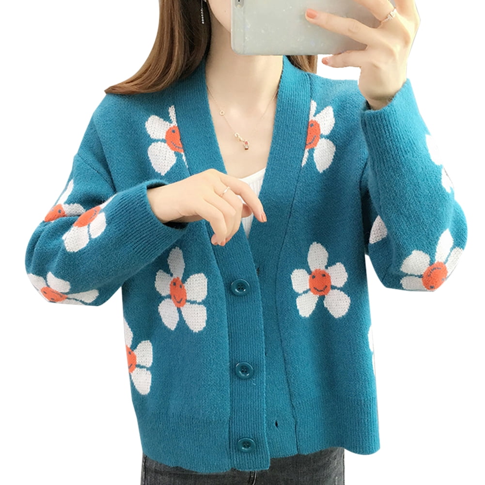 smiley sun flower blue knit sweater cardigan