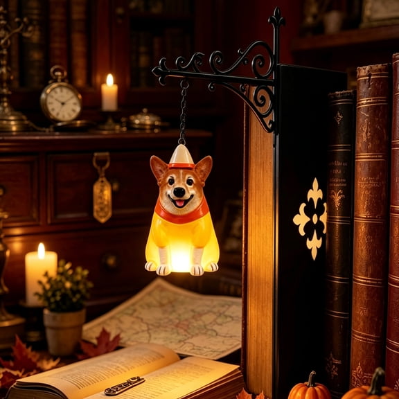 Clearance! Halloween Decoration Light-Up Corgi Figurine, Candy Corn Outfit Dog Statue with Glowing LED & Hanging Chain, Resin Bookshelf Hanging Decor