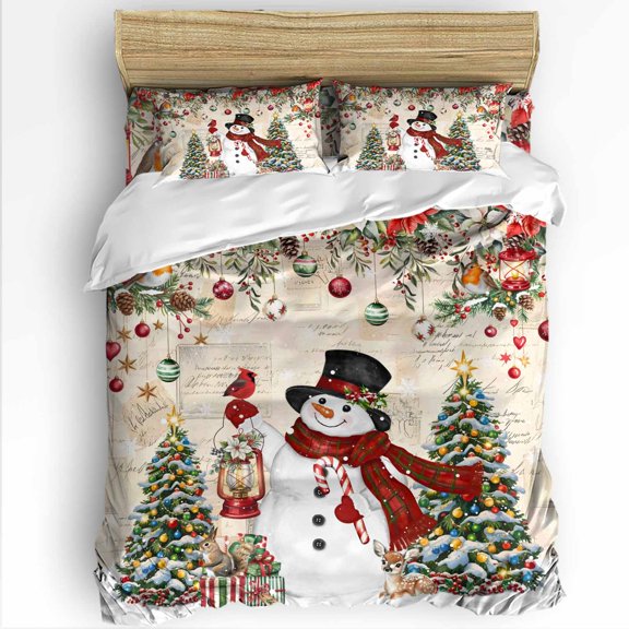 Christmas Snowman Queen Size Comforter Set, Xmas Tree Poinsettia Balls Winter Vintage Soft Bedding for All Seasons, 4 Pcs Bed Set with 1Comforter (90"x92") ,1 Sheet(94"x116"), 2 Pillowcases (19"x29")