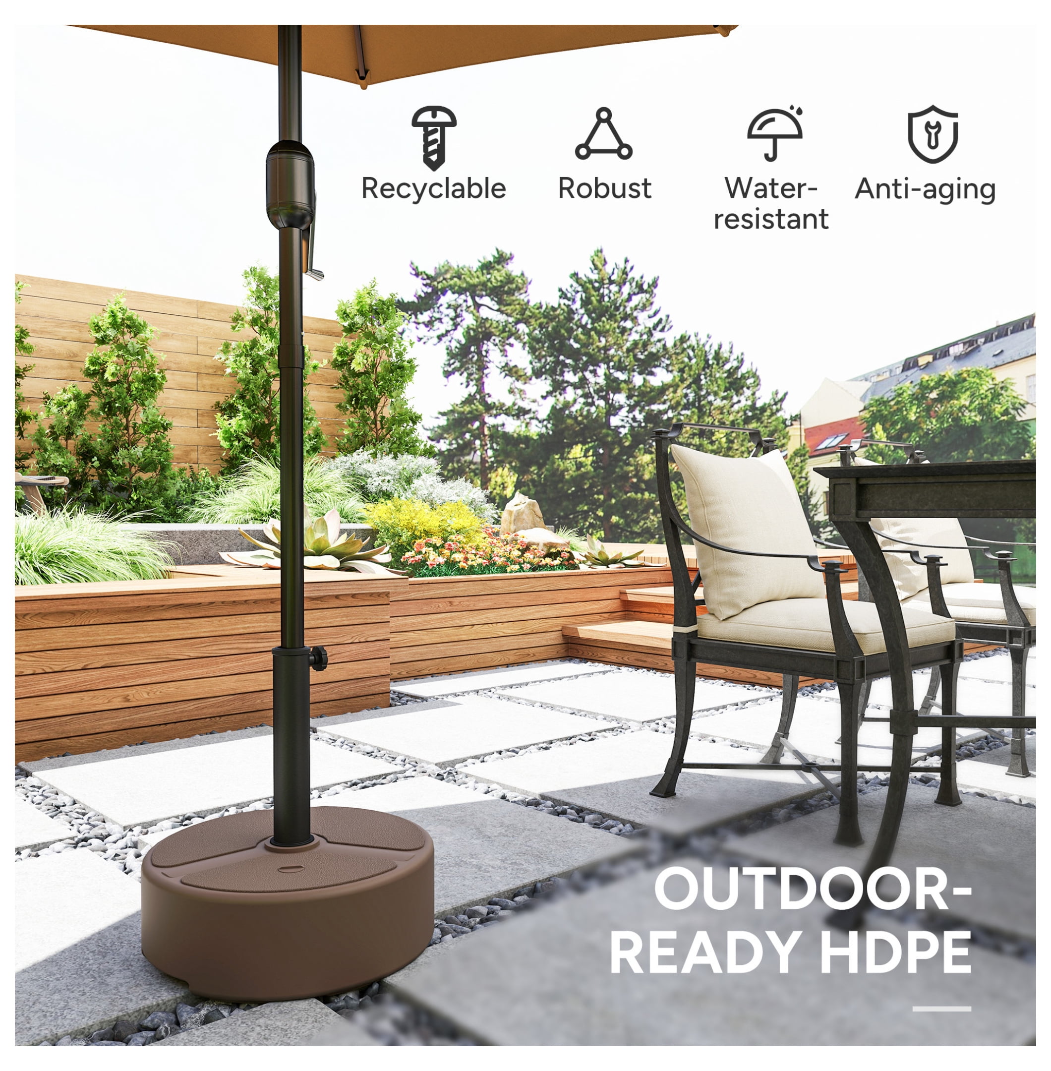Round Patio Umbrella Base Holder, Heavy Duty Outdoor Umbrella Stand Base, Filled Up to 44lbs with Stand or 40lbs with Water for Garden, Poolside, Brown