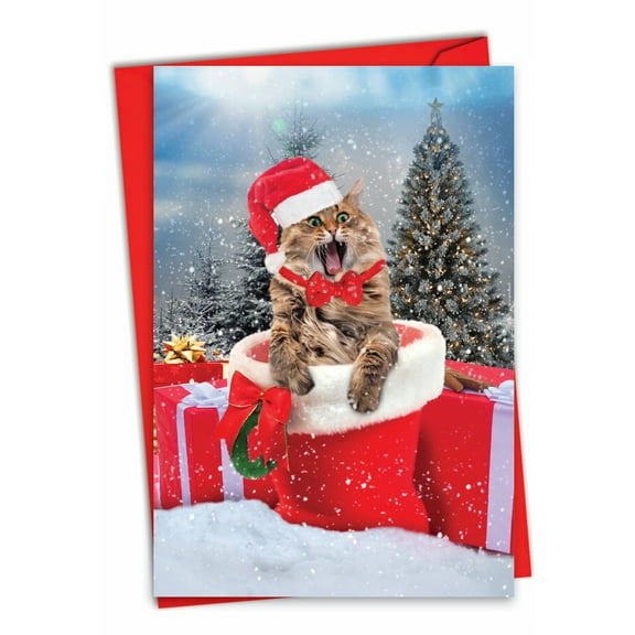 NobleWorks Christmas Thank You Greeting Card with 5 x 7 Inch Envelope (1 Card) Cats Antics - Stocking C3195FXTG
