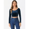 thumbnail image 2 of DARING DIVA Women's Velvet Long Sleeve Scoop Neck Solid Crop Top M Dark Blue, 2 of 6