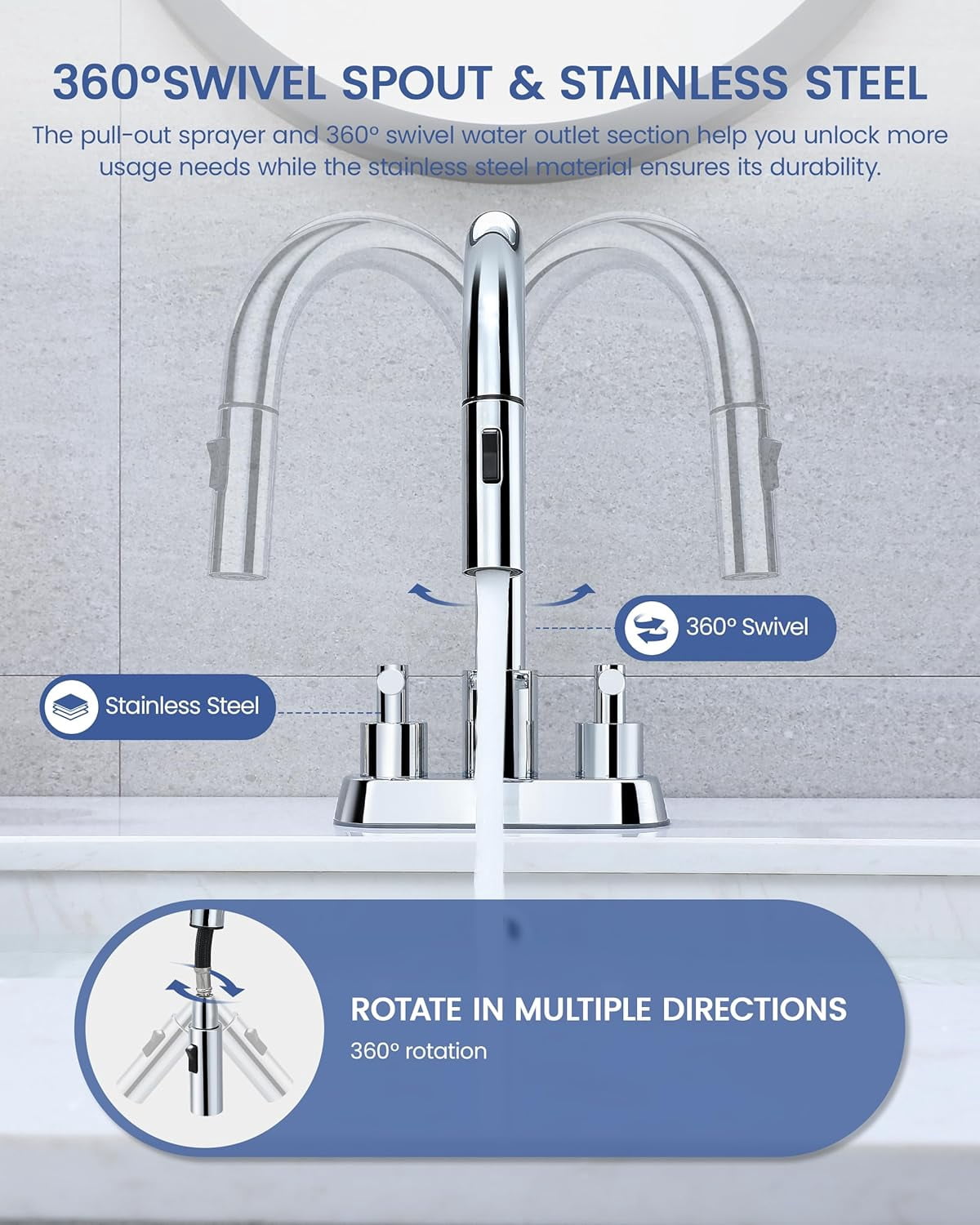 Bathroom Faucet with Pull Out Sprayer, Chrome Bathroom Faucet 3 Holes, 2 Handle Bathroom Sink Faucet with 360 Degree Swivel Spout, Pop Up Drain Assembly Included