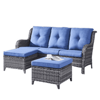 Gymojoy Outdoor Furniture 3-Piece Sofa, Patio Rattan Wicker Seactional Couch with Ottoman, Navy