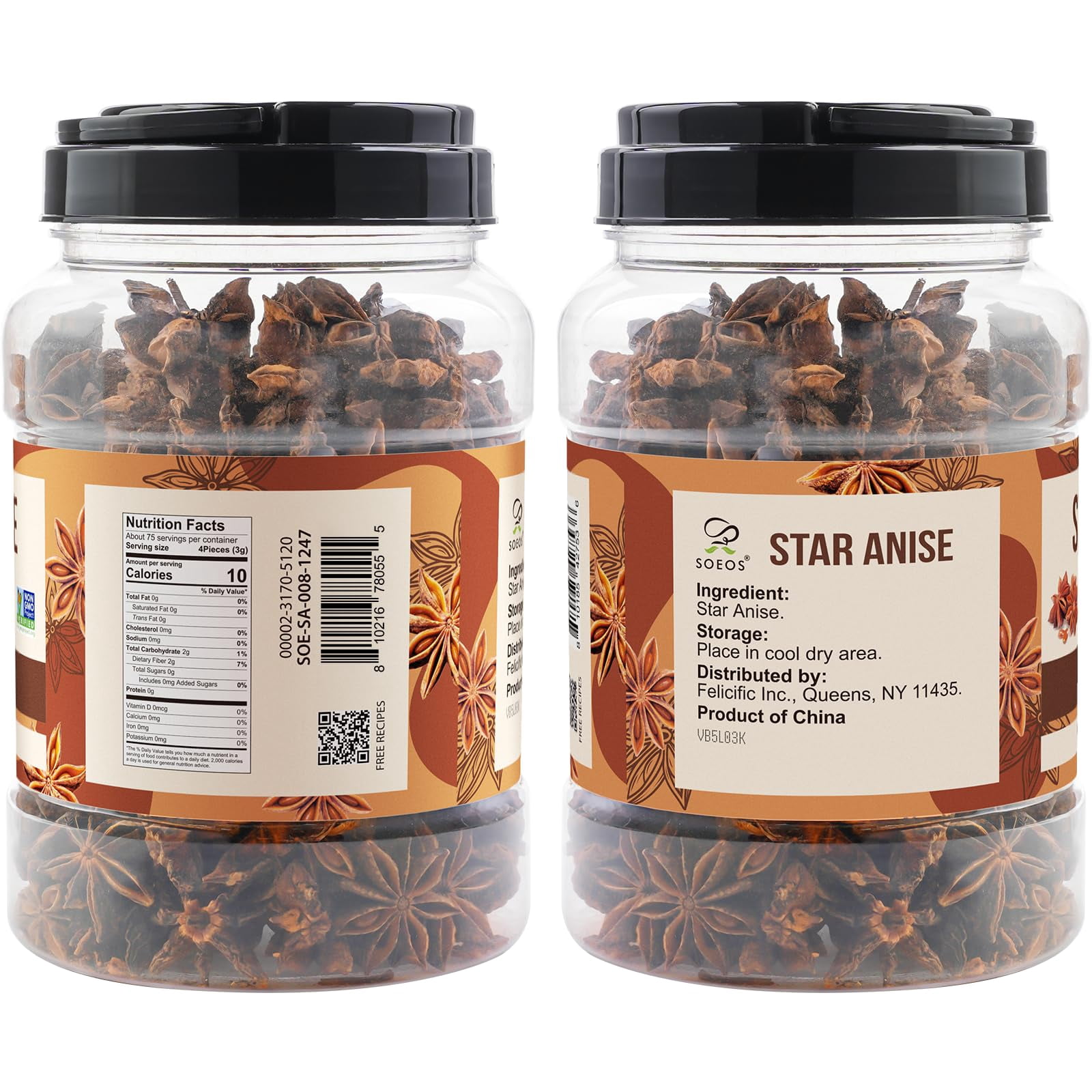 Soeos Whole Star Anise, 8 oz, Premium Aromatic Star Anise Pods for Pho, Braised Meats, Mulled Drinks, Baking, Tea & Asian Cooking