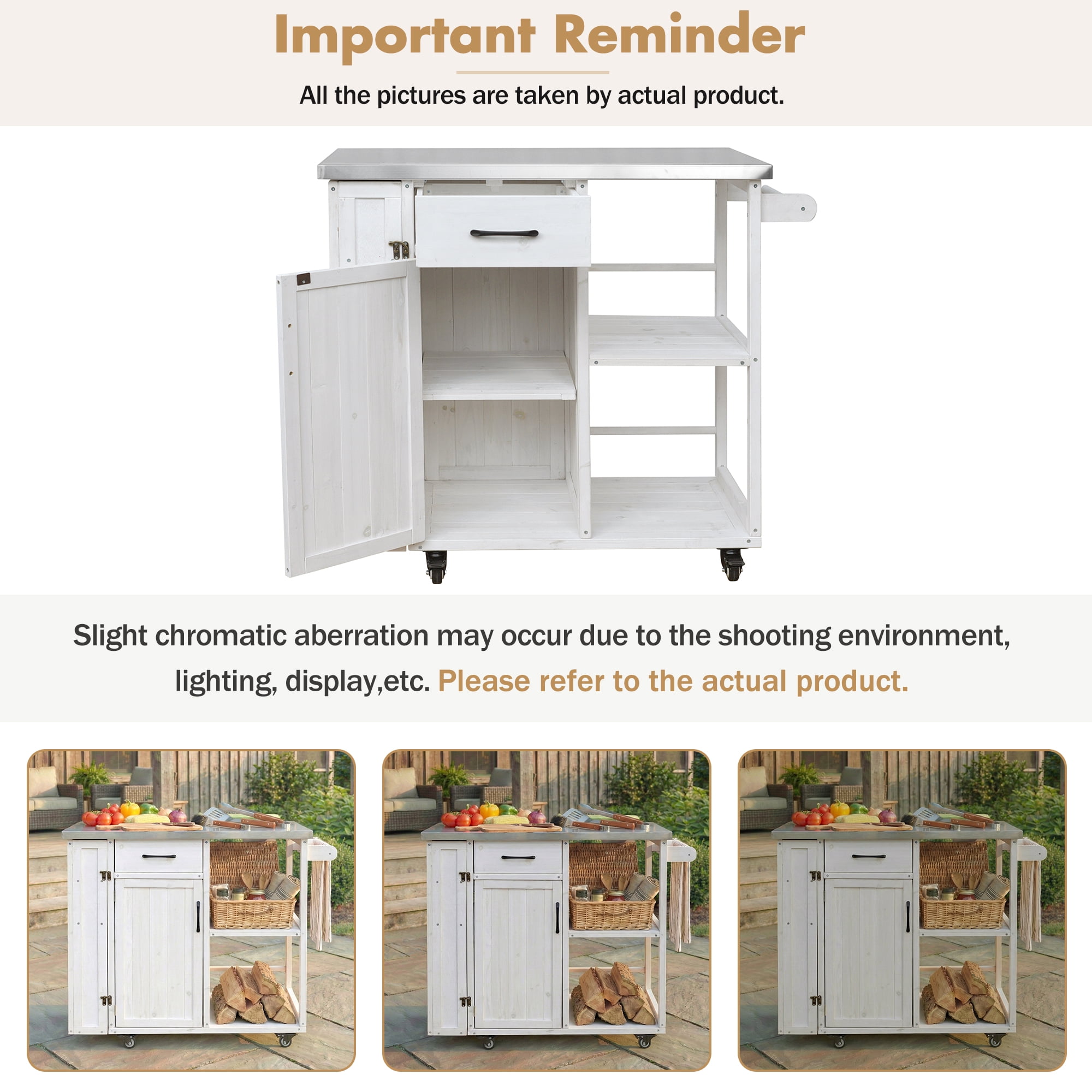 Fir Wood Kitchen Prep Station, Lockable Outdoor Cart with Stainless Steel Top for Patio, White