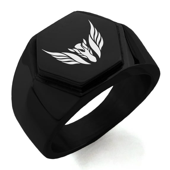 Stainless Steel Greek Mythology Pegasus Engraved Hexagon Crest Flat Top Biker Style Polished Ring