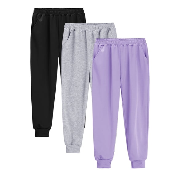 3 Pack Girls Sweatpants Joggers Athletic Kids Elastic Waist Pants Cuffed Ankles Active Casual with Pockets