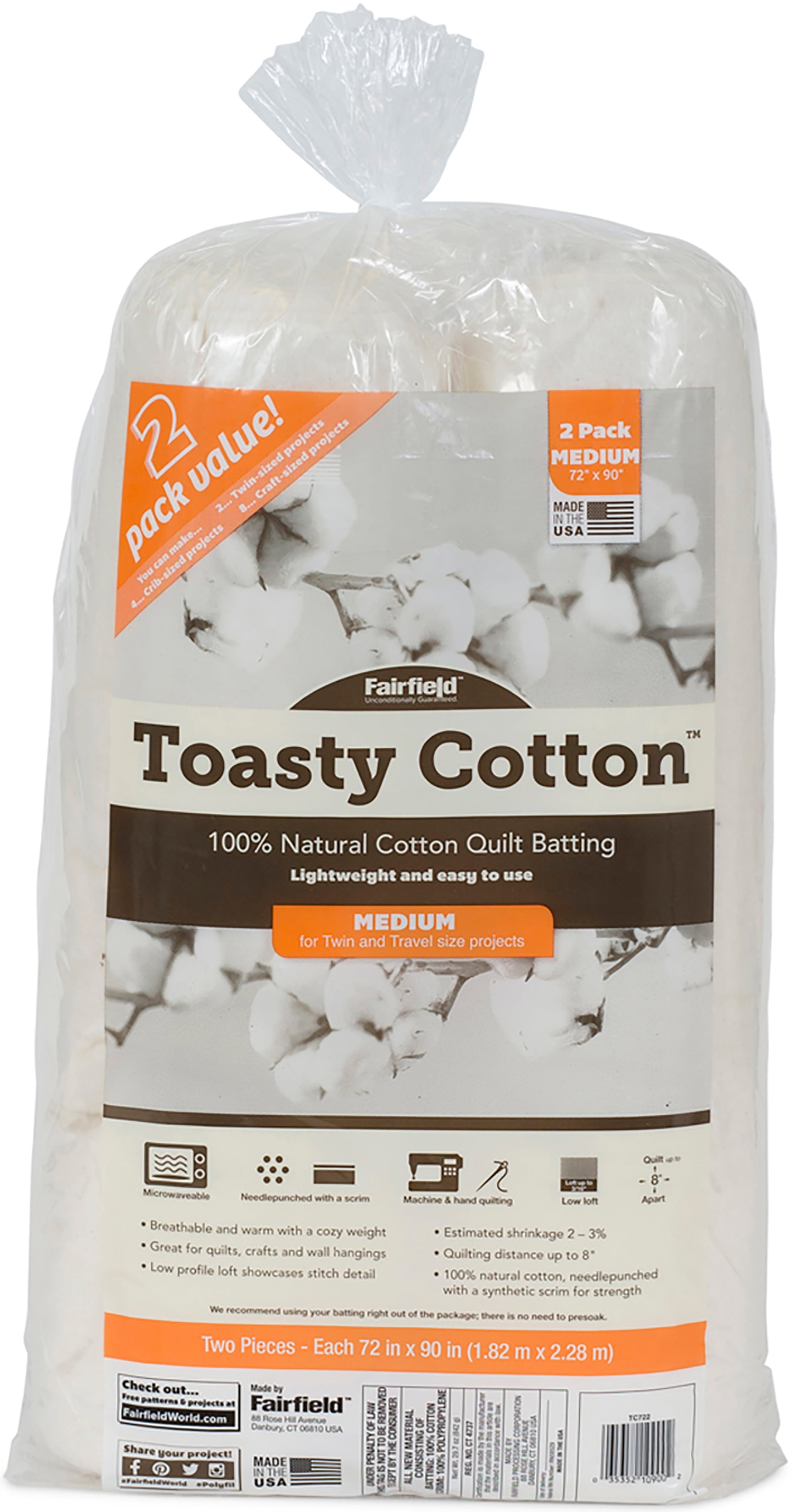 Fairfield Soft & Toasty Natural Cotton Batting 90in x 108in 
