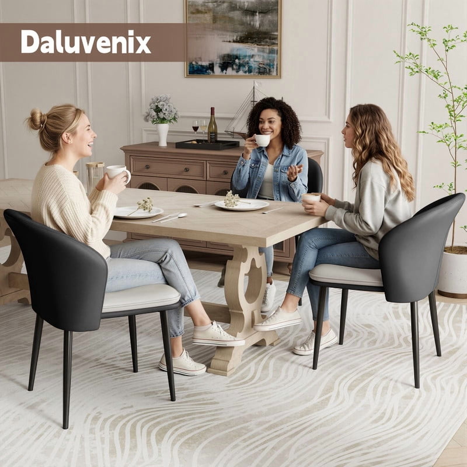 Hawsaiy Faux Leather Dining Chairs Set of 2, Modern Curved Back Upholstered Kitchen Side Chairs with Metal Legs, Black