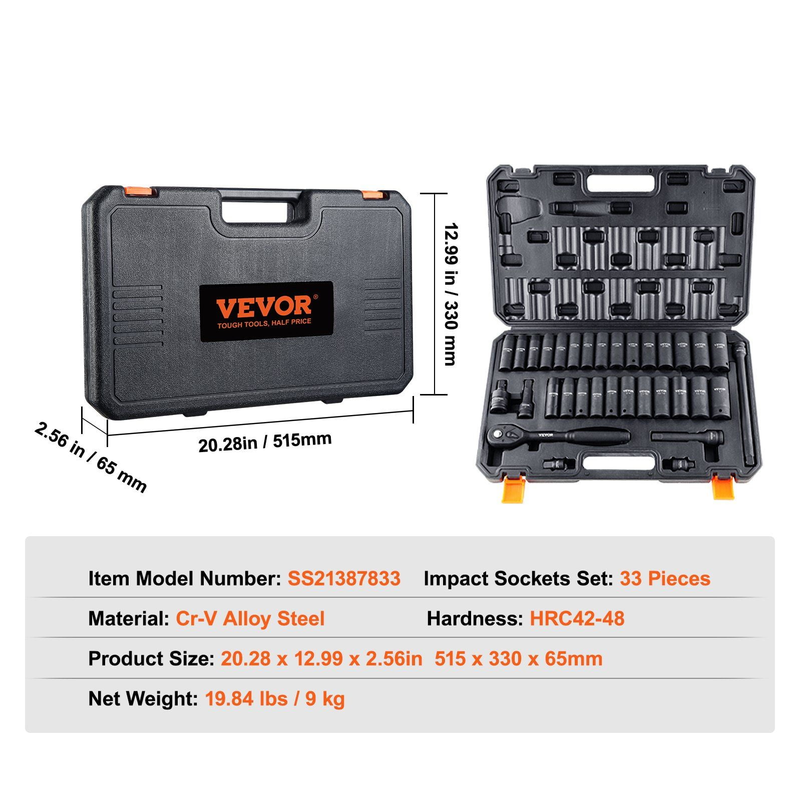 1/2" Drive 33-Piece Impact Socket Set, SAE 3/8"-1" & Metric 10-24mm, Cr-V Steel, 6-Point Design for Auto Repair, Durable Storage Case