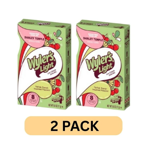 Wyler’s Light Shirley Temple Singles To Go, Sugar-Free Drink Mix, 2 Boxes (16 Total Sticks), Classic Cherry & Ginger Ale Flavor, Low-Calorie On-the-Go Beverage Mix