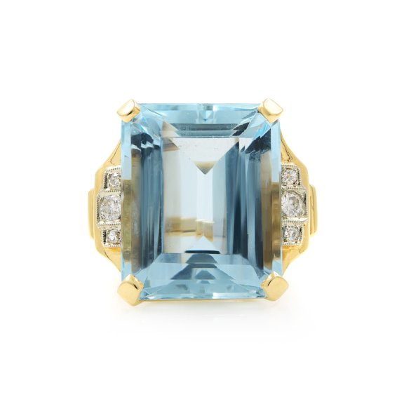 Large Emerald Cut Aquamarine And Diamond Ring 23.76Cts 14K Yellow Gold Size 6.5