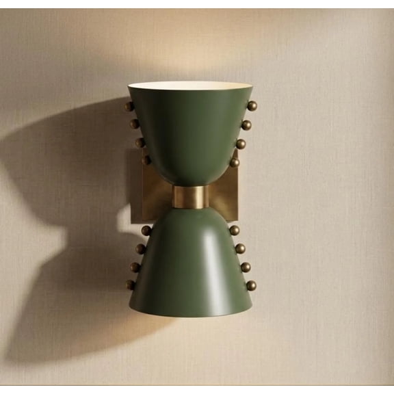 Mid Century Double Cone Wall Sconce Olive Green Brass Wall Light Fixture