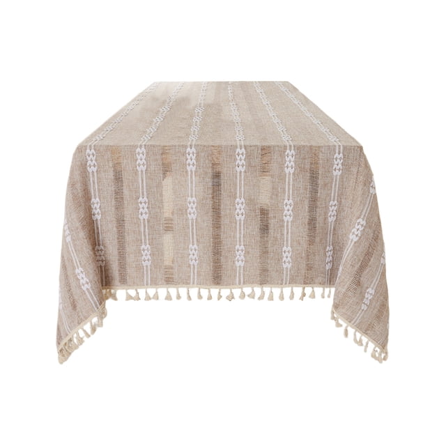Khaki Openwork Jacquard Tablecloth With Tassel 55.12X35.43 Inches Embroidered Decorative Counteractive Fabric for Restaurant Home Dining Table and Party Decor In Khaki