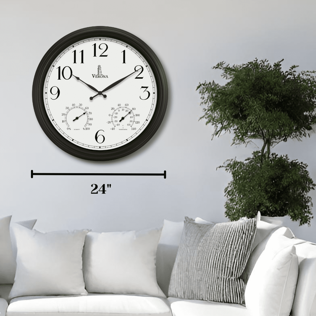 24 inch Outdoor Clocks for Patio Large Waterproof with Thermometer - Black Outdoor Wall Clock with Temperature and Humidity Combo - Weatherproof, Accurate & Easy to Read for Pool, Garden & Home Decor