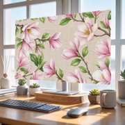 Indoor Elastic TV Cover 85", Pink Magnolia TV Display Protector for LCD Desktop TV Hanging TV, Floral Branches Leaf Botanical Linen Texture Decorative TV Screen Dust Proof Cover Protection