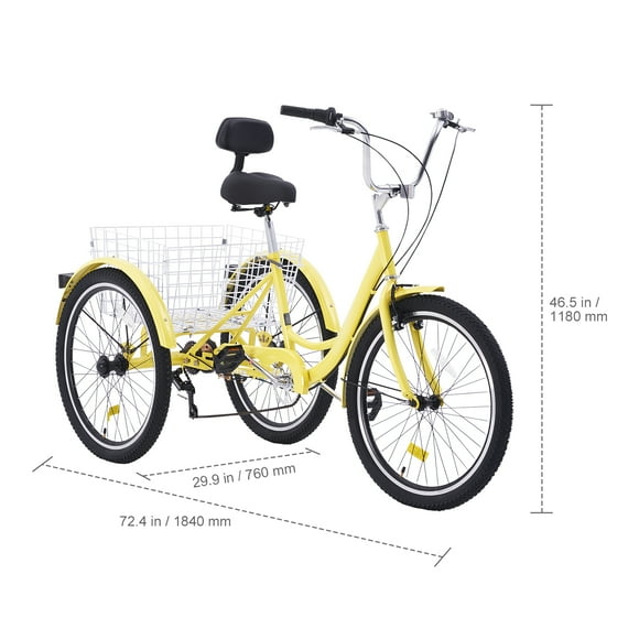 KFFKFF Mature Trike Bicycle, 7 Gear Adult Three-Wheeler, 26-Inch Carbon Steel Leisure Cycle with Basket and Modifiable Saddle, Ideal for Elderly, Ladies, Gentlemen for Picnics and Shopping (Yellow)