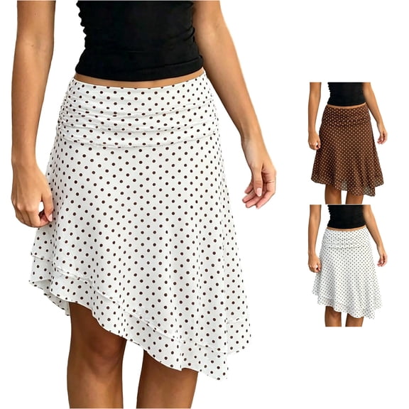 Jane Wardrobe Ruched High Waist Polka Dot Chiffon Asymmetrical Midi Skirt Women Double Layer Flowy Summer Skirt 1PC XS-XL Plus Size Friendly