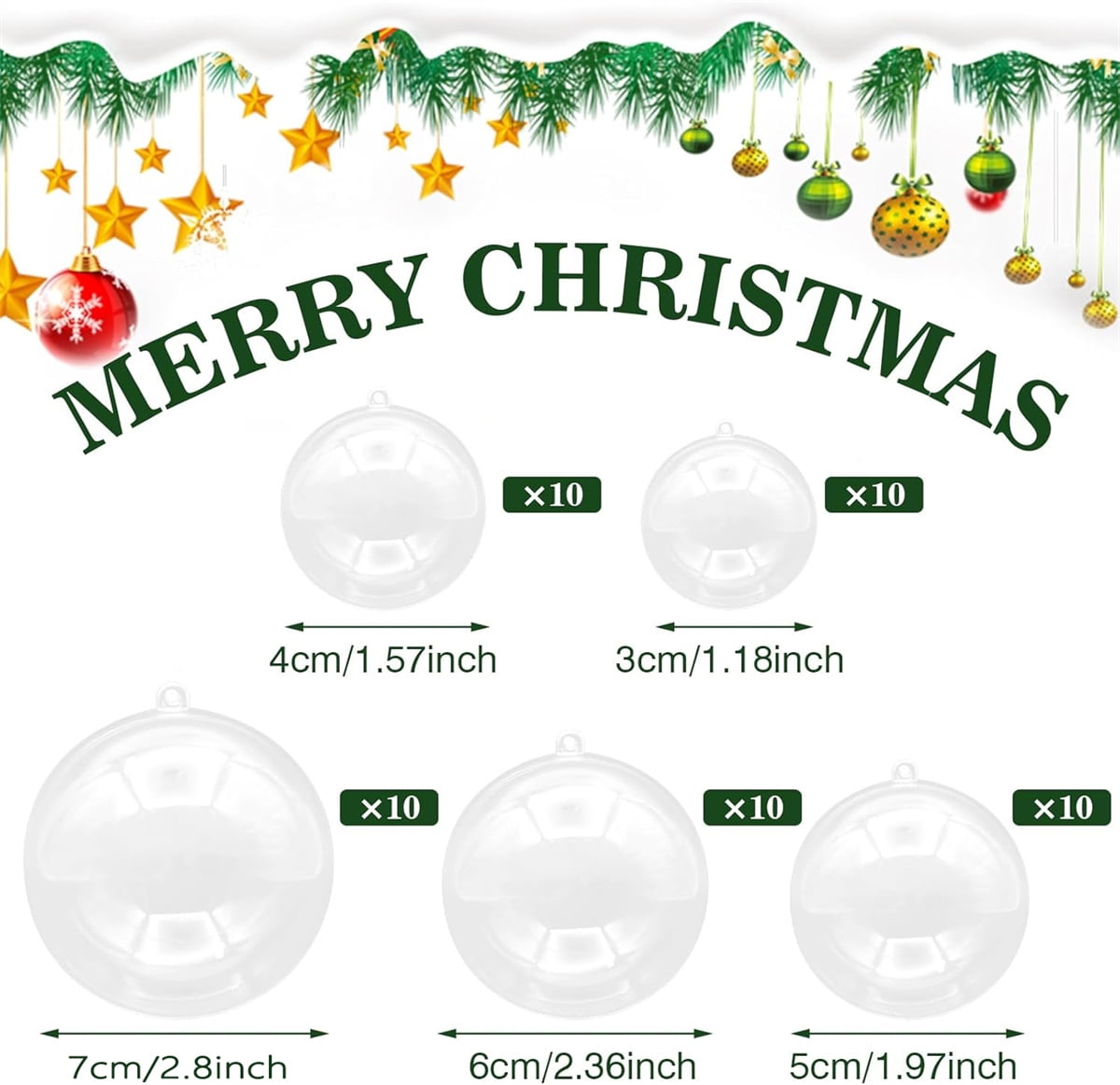 Yayun 50 Pcs Christmas Clear Plastic Fillable Balls, DIY Craft Transparent Baubles Christmas Tree Hanging Ornament for Birthday Valentine Decor (1.2 in/1.6 in/2 in/2.4in/2.8 in)