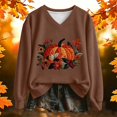 thumbnail image 2 of Womens Plus Size Halloween Sweatshirts Trendy Pumpkin Floral Printed Long Sleeve Graphic Tops Fall Loose Fit V Neck Tshirts Pullovers Coffee XXXL, 2 of 3