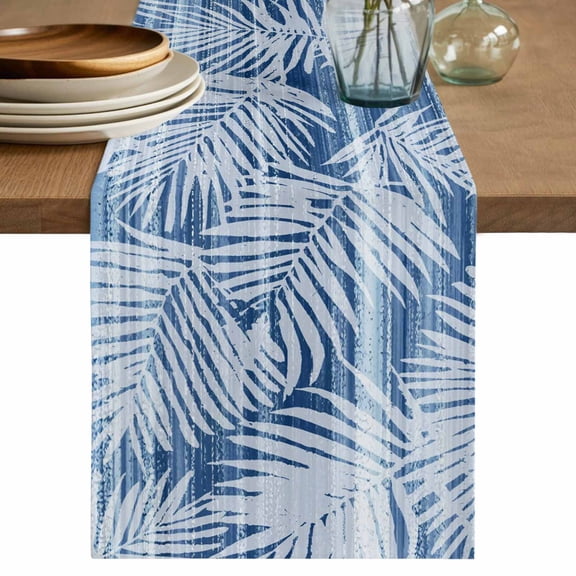 Table Runner 90 Inch Long - Summer Navy Blue Palm Leaf Decorative Table Scarf, Retro Boho Tropical Leaves Dining Table Runners for Wedding Party Kitchen Dining Tables