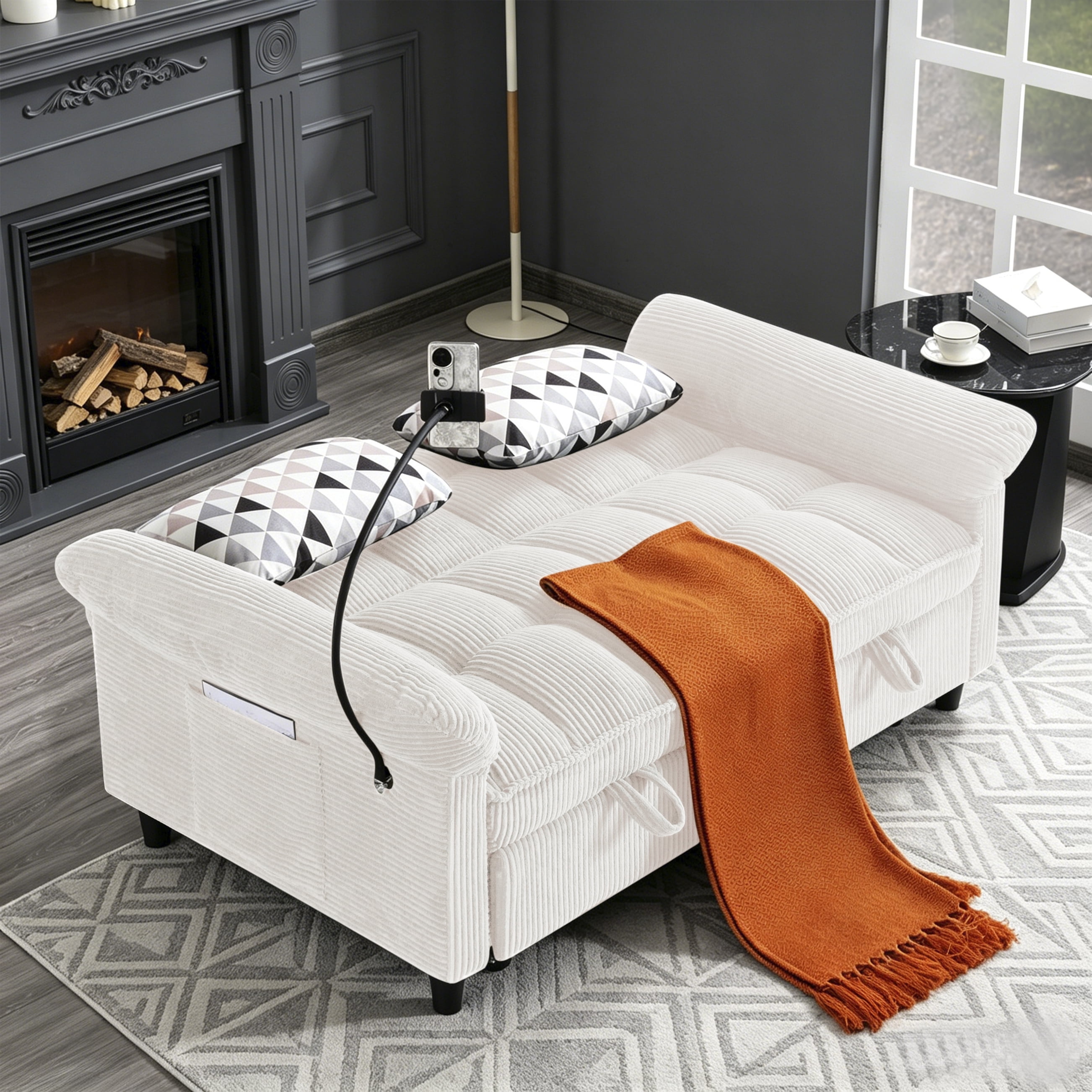 Gewnee 58" 3‑in‑1 Corduroy Convertible Sleeper Sofa Bed, Pull‑Out Loveseat with 3 Adjustable Reclining Positions & Side Storage Pocket, Multi‑Purpose Guest Sofa for Living Room, Guest Room, Beige