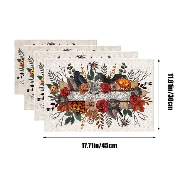 Halloween Kitchen Mat Set 4 Pcs PVC Linen Placemats 45 cm x 30 cm Non-Slip Double-Sided Table Mats for Coffee or Dining Table
