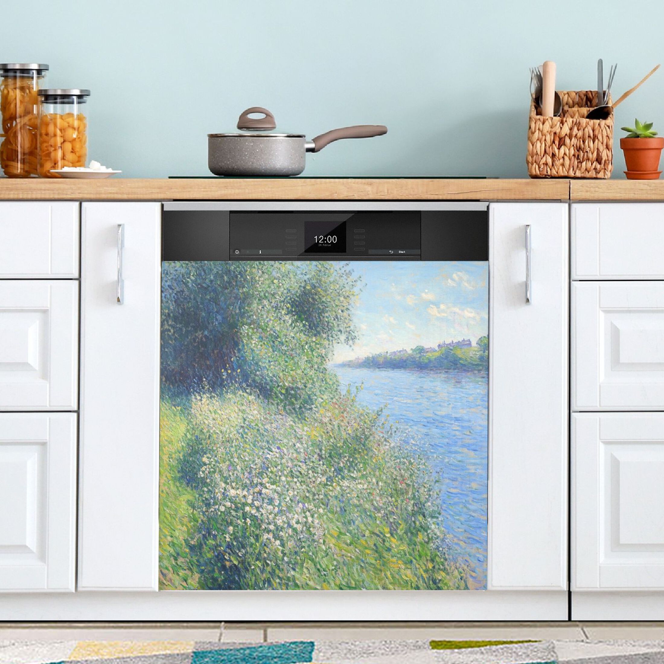 Dishwasher Magnetic Sticker 23x26 Inch Refrigerator Magnetic Sticker Washing Machine Magnetic Sticker Kitchen Panel Magnetic Sticker Home Decor Blue Oil Painting Lake