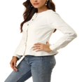thumbnail image 4 of Allegra K Women‘s Round Neck Button Down Ruffled Hem Cropped Washed Denim Jacket, 4 of 6