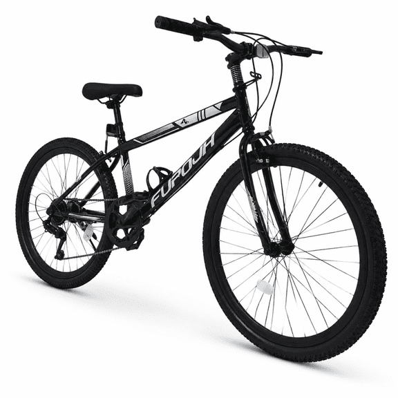 FUPOJH 24" Mountain Bikes for Boy,Girl,7 Speed, V Brakes, off Road Tires,Black