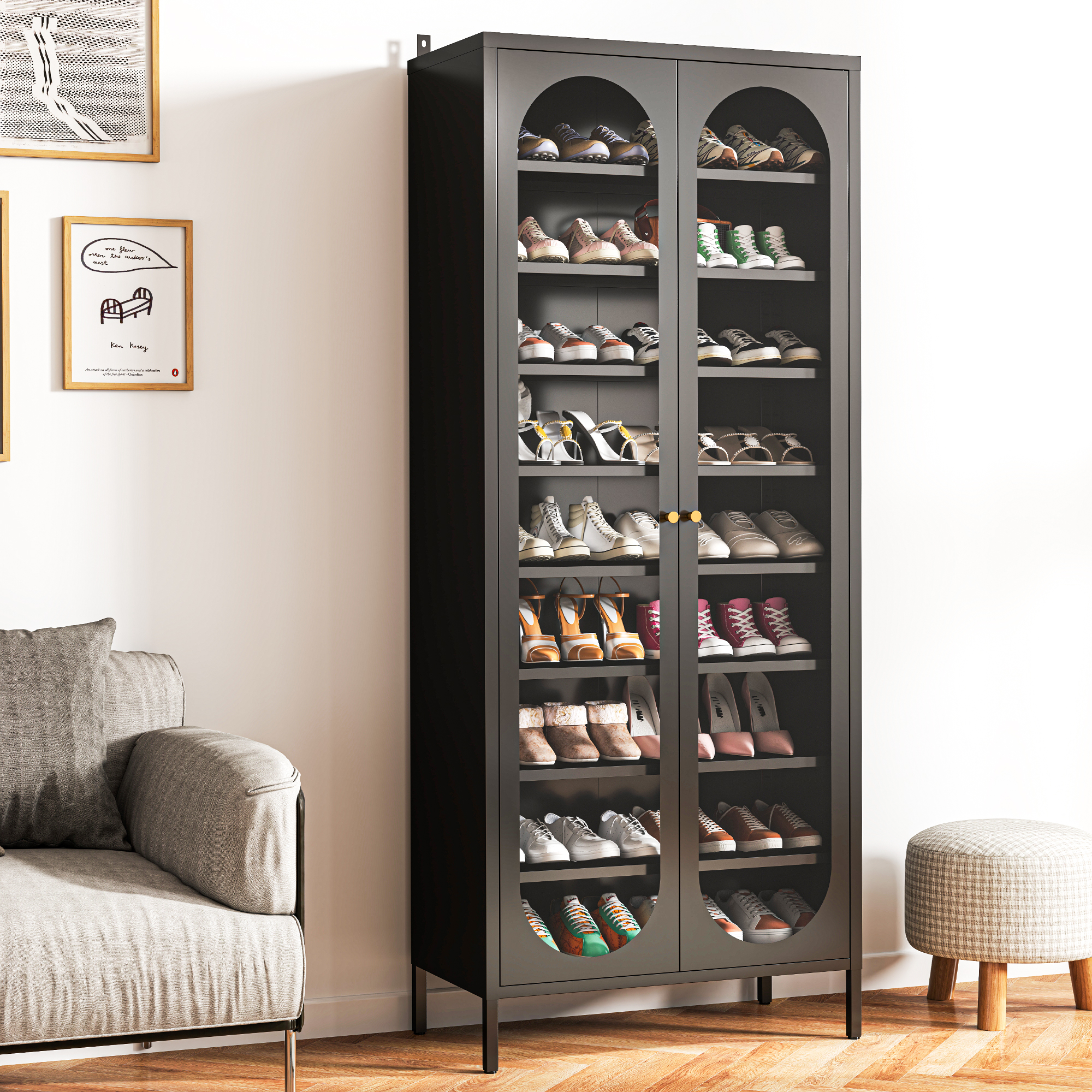 ANMINY 9-Tier Tall Shoe Storage Cabinet 67"H Shoe Cabinet with Glass Doors 9-Tier Shoe Organizer Rack with 8 Adjustable Shelves Max. Store 27-36 Pairs for Entryway Hallway Cloakroom Living Room, Black