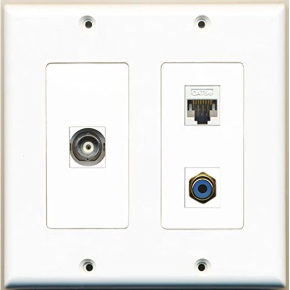 RiteAV - 1 Port RCA Blue 1 Port BNC 1 Port Cat5e Ethernet White - 2 Gang Wall Plate