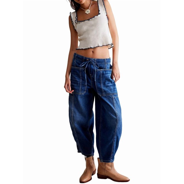 Pantalones Vaqueros Holgados de Tiro Bajo para Mujer, Informales, con Cintura Elástica y Bolsillos. Azul L