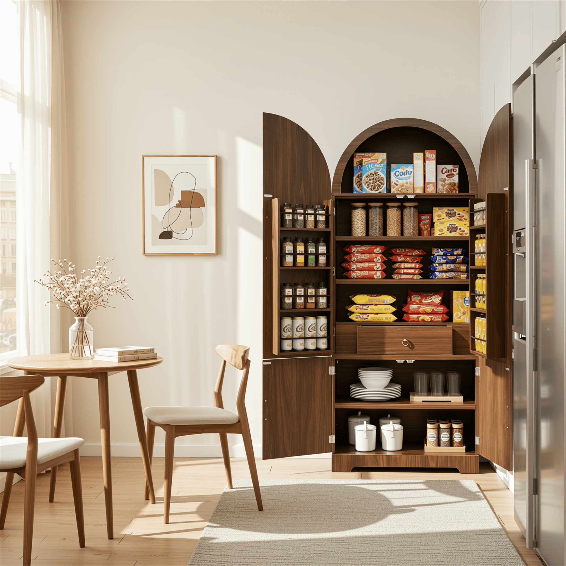 Homy Casa 72" Arched Kitchen Pantry Cabinet with 8 Door Shelves and Hidden Drawer, Walnut