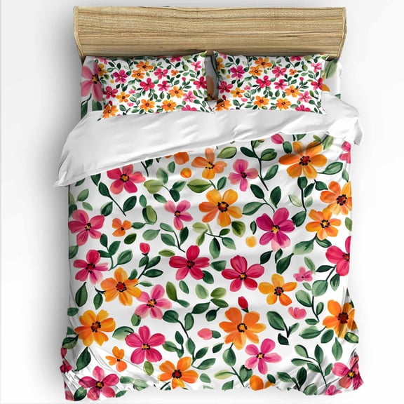 Red Yellow Floral King Size Comforter Set, Retro Spring Leaves Flowers Soft Bedding for All Seasons, 4 Pcs Bed Set with 1Comforter (90"x106") ,1 Sheet(94"x116"), 2 Pillowcases (19"x35")