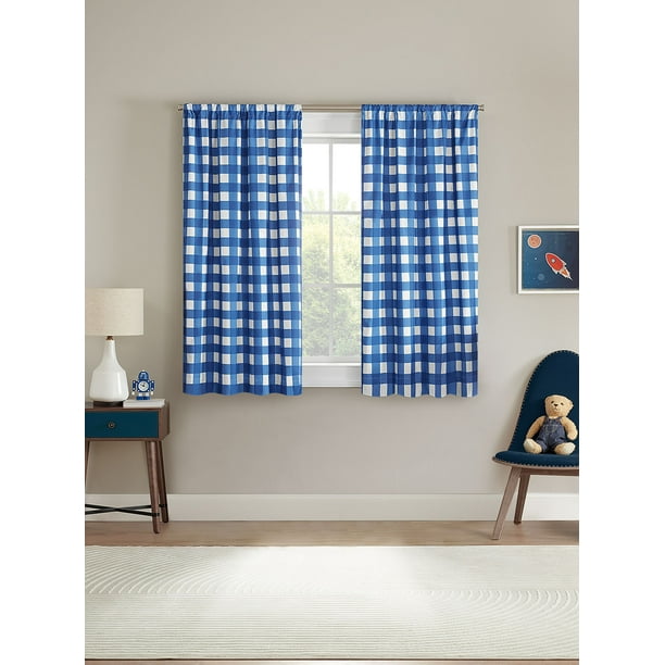 Your Zone Gingham Plaid Blackout Curtain Panel Pair, Navy, 37 x 63