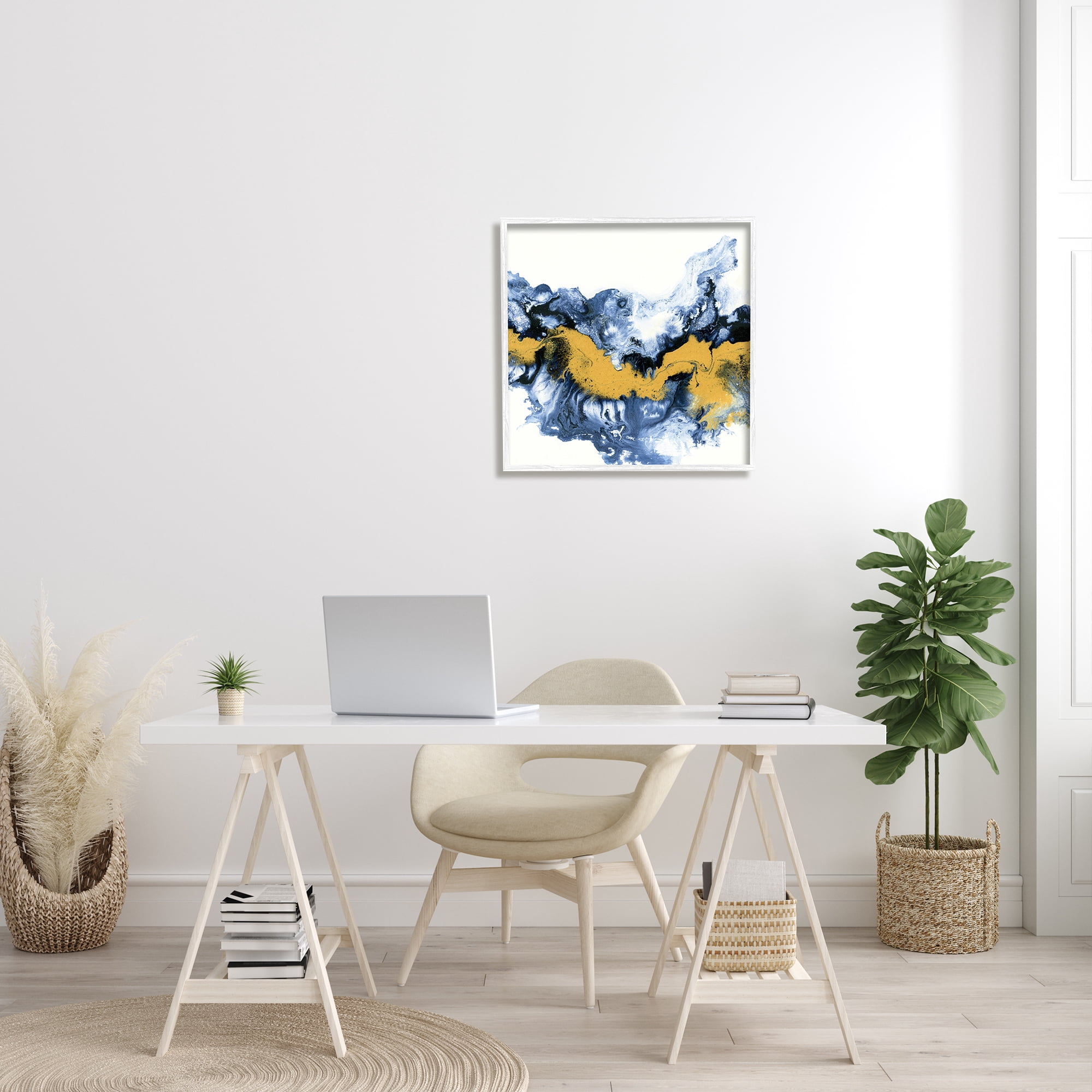 Stupell Industries Abstract Paint Infusion Fluid Blue Yellow Integration Abstract Painting White Framed Art Print Wall Art, 24 x 24