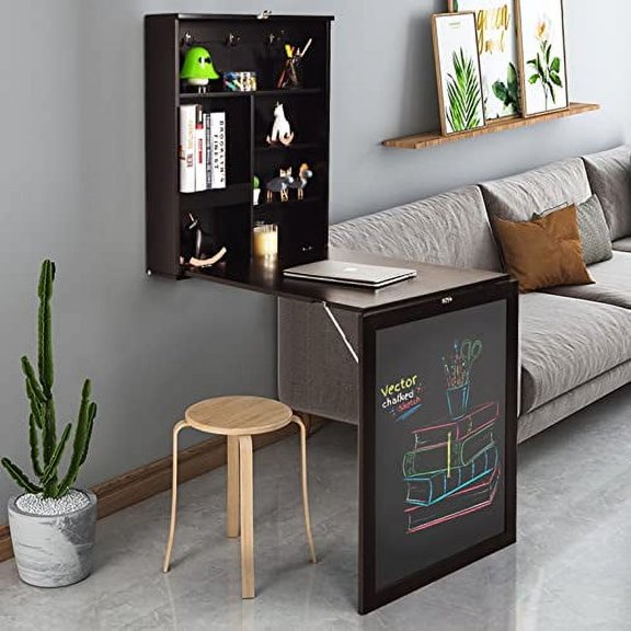 Folding Wall Desk, Wall Mounted Fold Out Table with Storage Shelves & Hooks, Hideaway Tables with Chalkboard, Floating Corner Desk for Small Spaces (Brown)