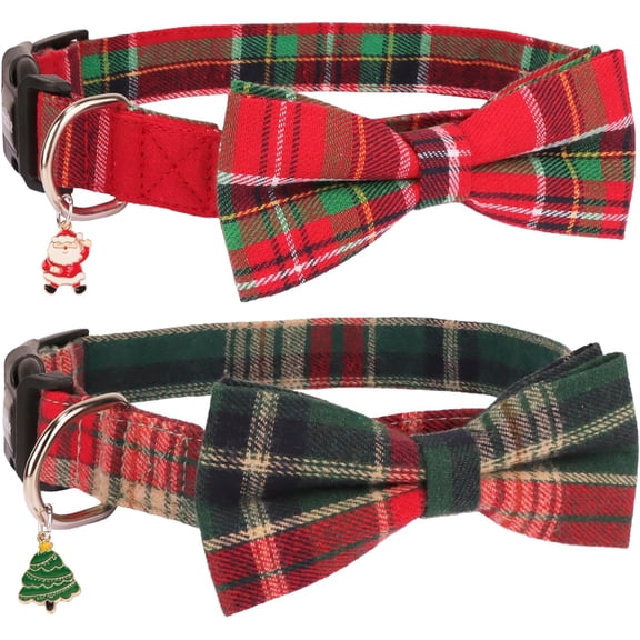 Minzimin 2Pcs Christmas Dog Collar with Bow, Adjustable Christmas Plaid Dog Collars with Removable Bowtie Christmas Collars for Medium Dogs Pets (Red&Green, Medium)