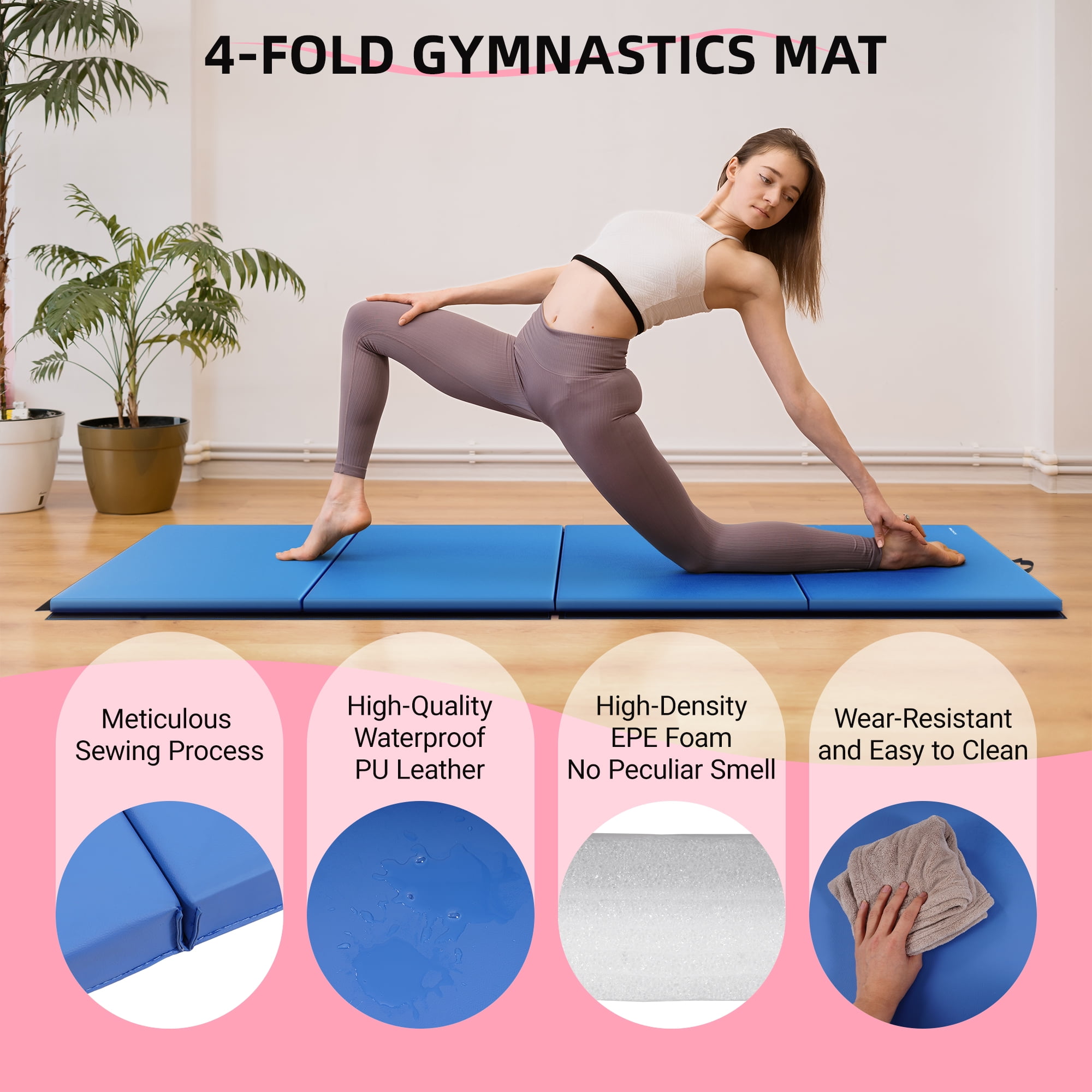 Signature Fitness 4ft x 8ft x 2in Folding Gymnastics Mat, 4-Panel Exercise Mat with Handles, PVC Leather + EPE Foam, Multiple Colors