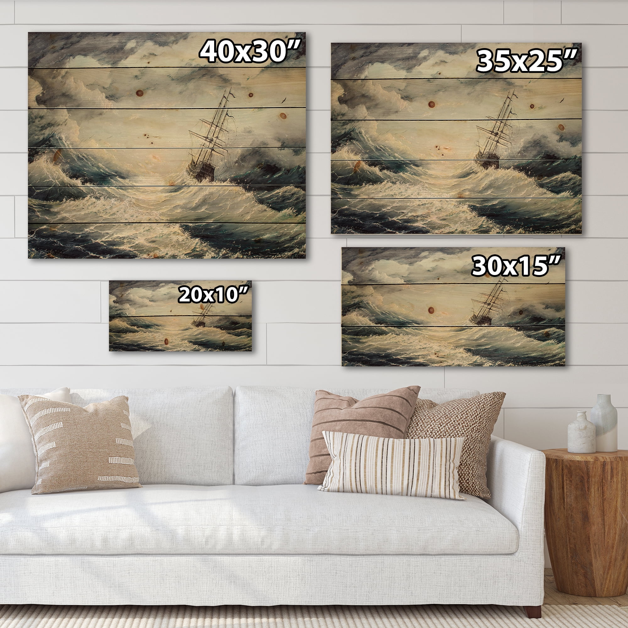 Designart 'Ship Struggles With The Sea Storm' Nautical & Coastal Print on Natural Pine Wood