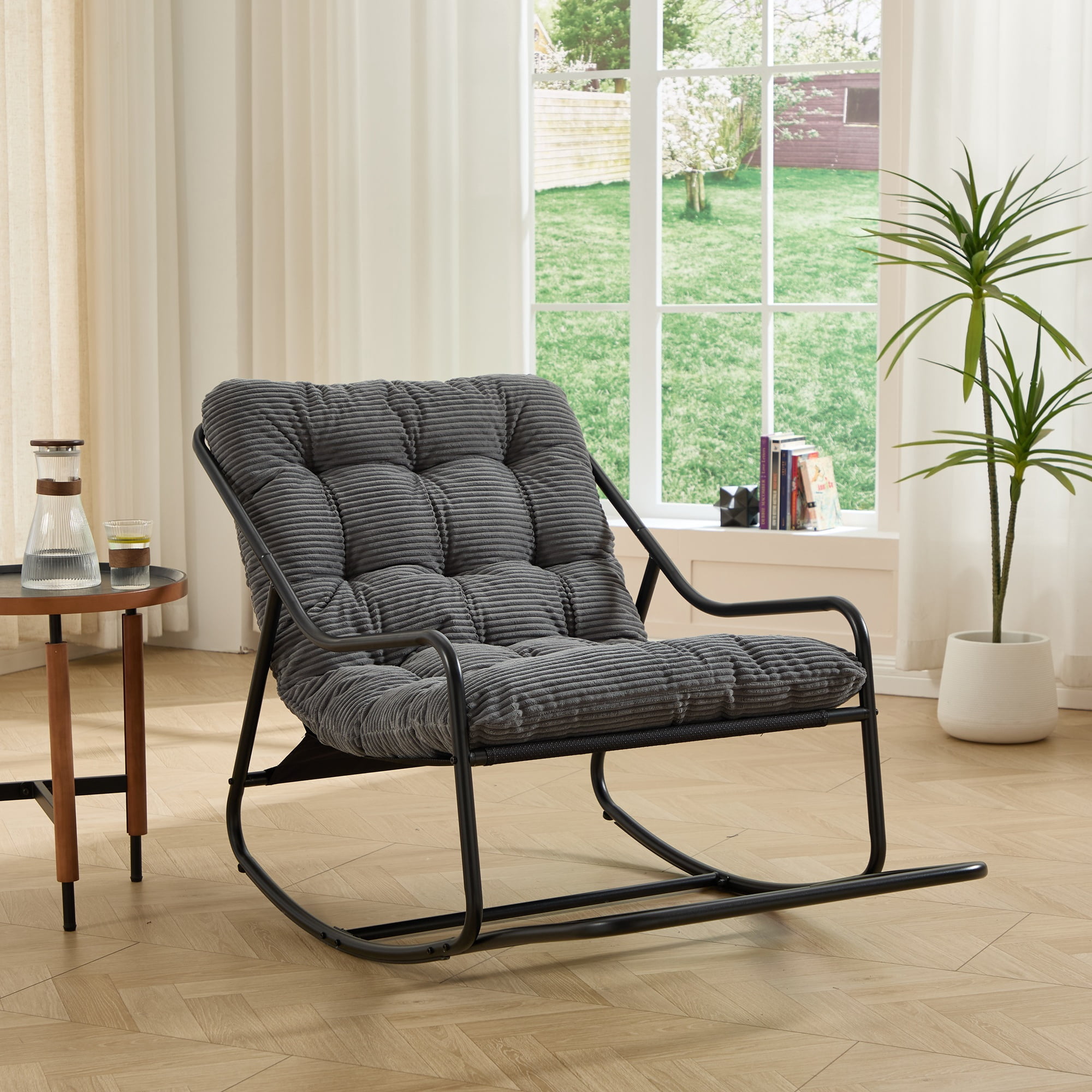 Outdoor Rocking Chair, Comfy Cushion, with Soft Thick Cushion,for Living Room, Bedroom, Reading Room, Black Frame
