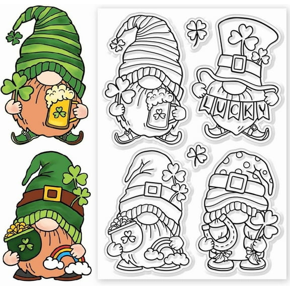 Gnomes Clear Stamps Silicone Stamps Clover Background Transparent Stamps for St. Patrick's Day Card Making DIY Scrapbooking Photo 4.3x6.3inch DIY