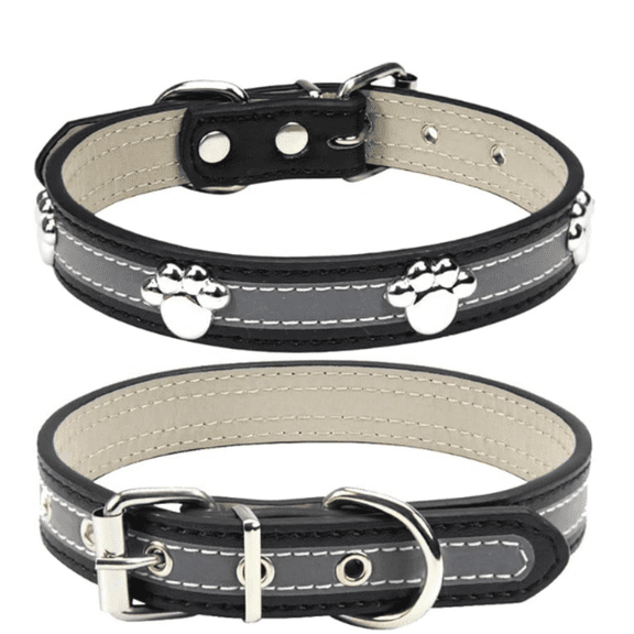 Reflective Dog Collar with Cute Paw Rivet Studded Funny Soft Leather Adjustable Puppy Dog Collars for Small Medium Large Dogs Cats (Black,Small)