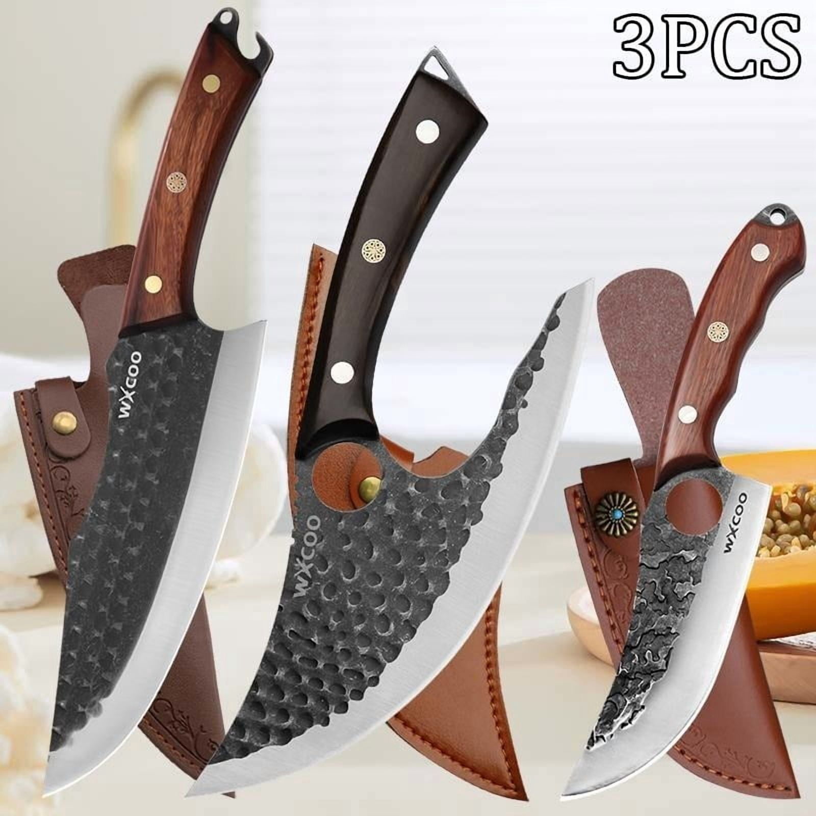 3PCS Stainless Steel Kitchen Knives Set with Sharp Sashimi Knife Professional Chef Utility Fruit Knife Multipurpose Meat Cleaver Vegetable Chopper Household Household Items Gift for Men