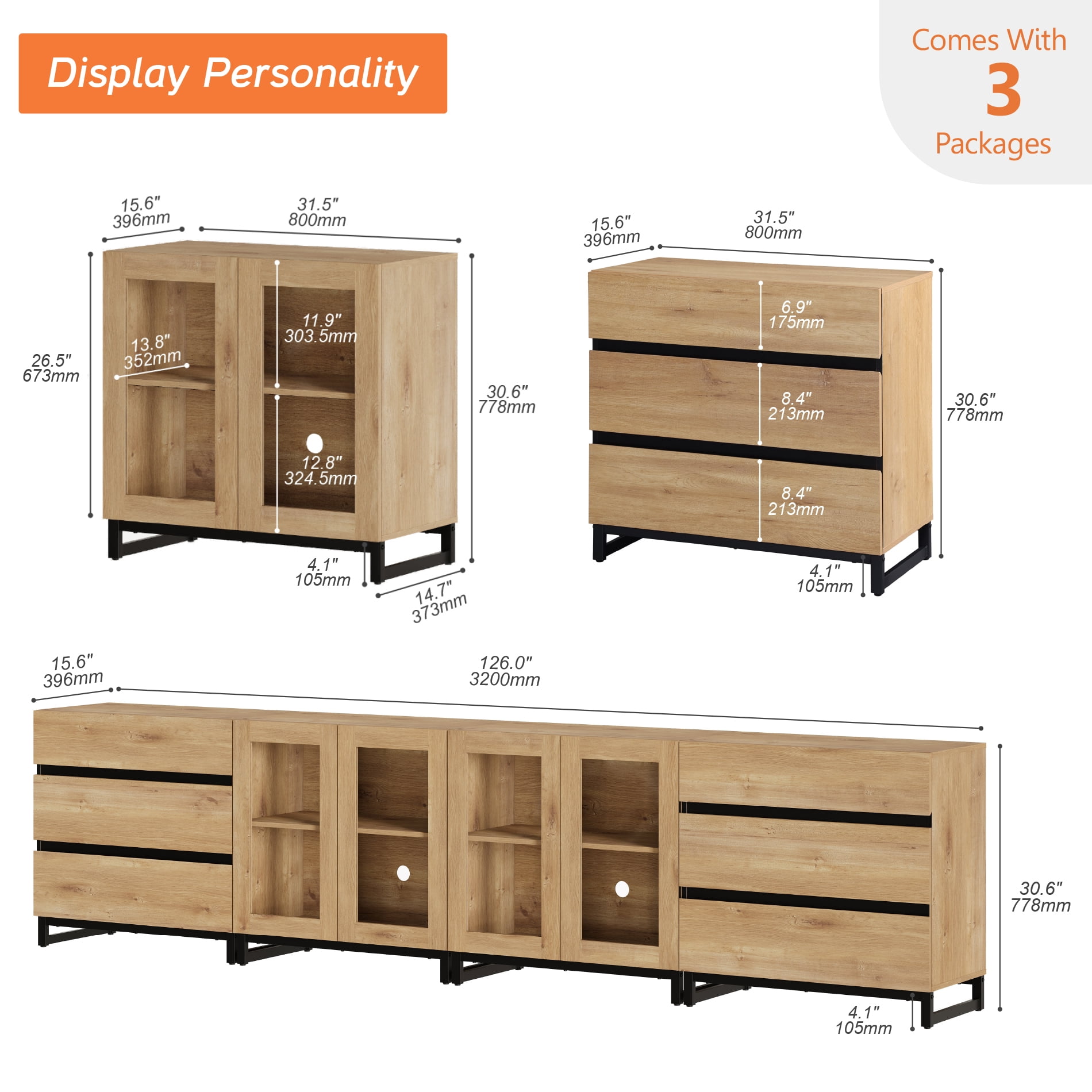 Modern 4-in-1 Sideboard Buffet Cabinet, Storage Credenza with 6 Drawers, Adjustable Shelf and Tempered Glass Doors, Metal Base Coffee Bar Cabinet for Home Decor,Oak